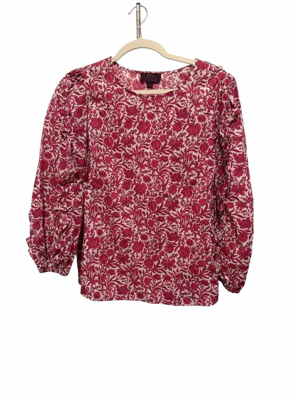 J. Crew Rose-Print Long Sleeve Scoop Neck Blouse Ruffle Sleeves NWOT Small